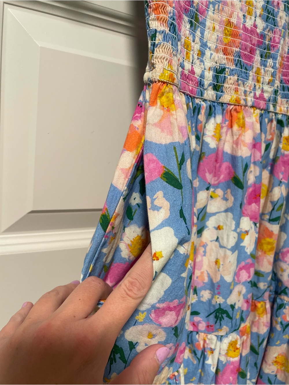 Ivy City Co Delia Dress in Blue - Floral Smocked Midi Dress with Pockets - Picture 10 of 16